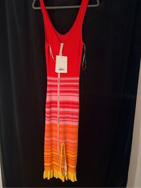 Mac Duggal Red Ombre Knit Maxi Dress with Pink and Yellow Stripes